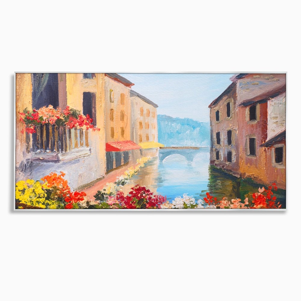 Tablou canvas cu pictura cu canal italian si flori, in rama de aluminiu argintiu