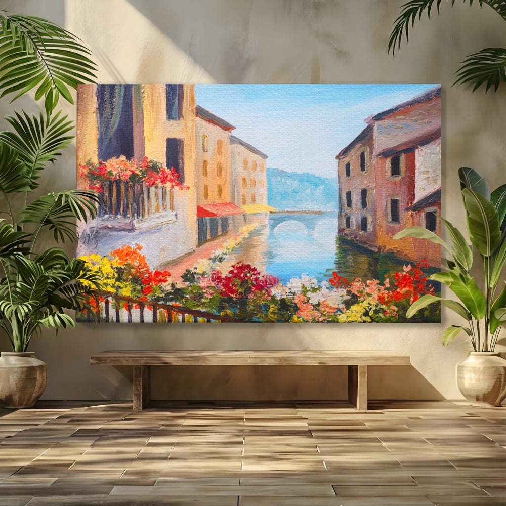 Tablou canvas cu pictura cu canal italian si flori, fara rama, pe sasiu de lemn