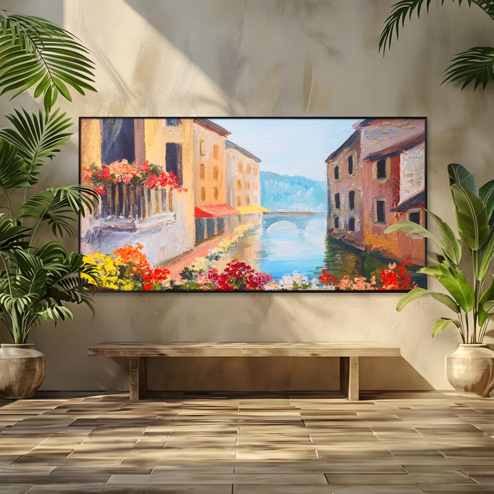 Tablou canvas cu pictura cu canal italian si flori, in rama de aluminiu negru