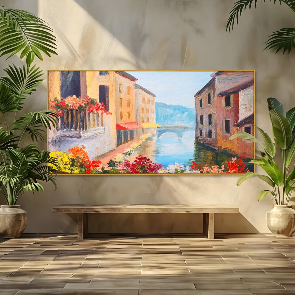 Tablou canvas cu pictura cu canal italian si flori, in rama de aluminiu auriu