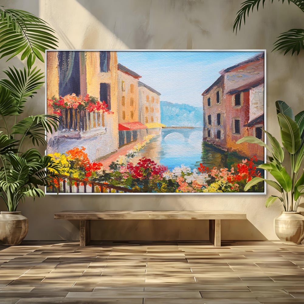 Tablou canvas cu pictura cu canal italian si flori, in rama de aluminiu argintiu