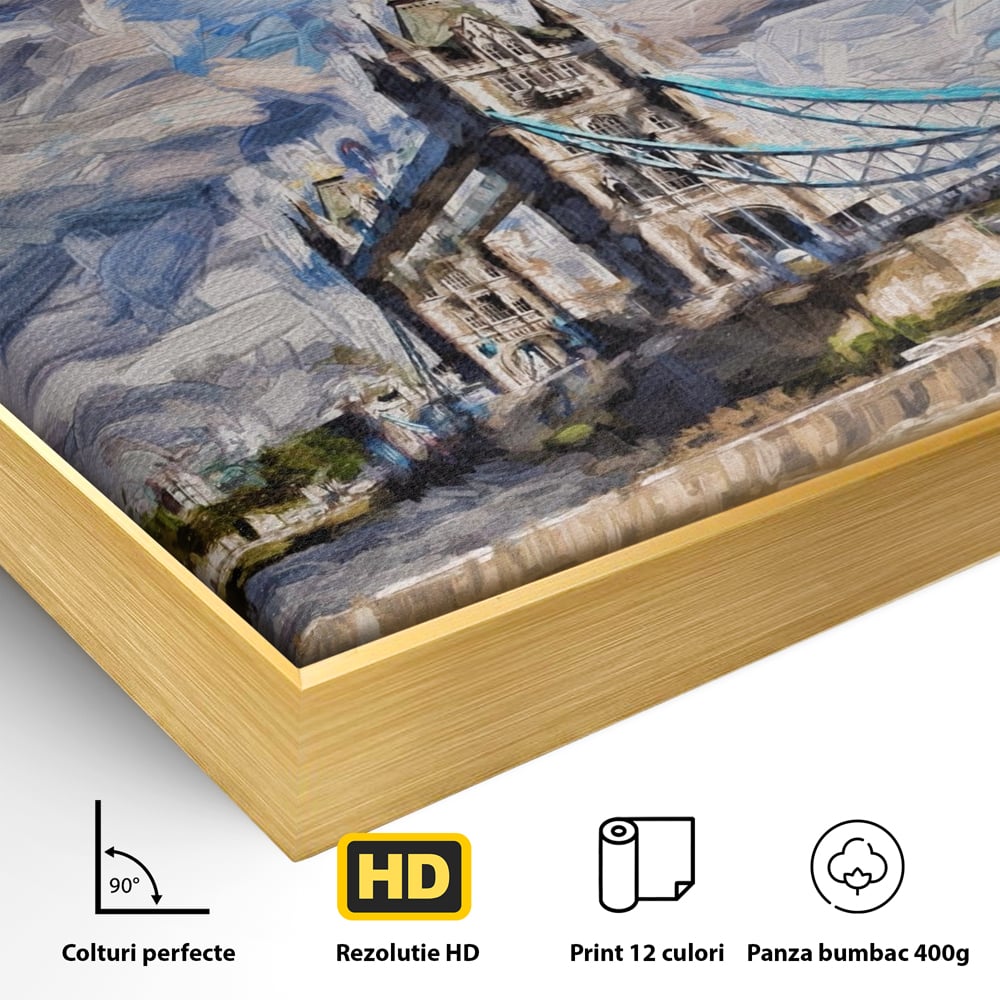 Detaliu al suprafetei: tablou canvas cu tower bridge si steagul marii britanii, in rama de aluminiu auriu
