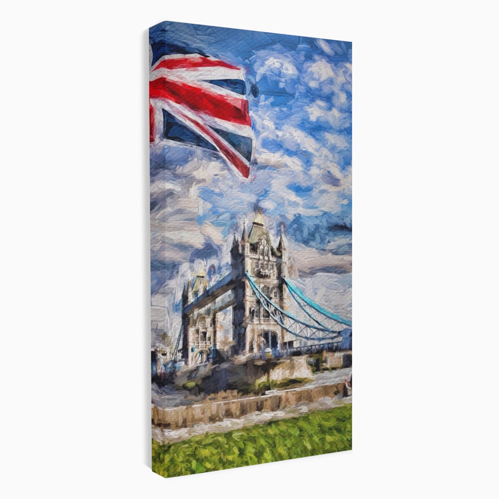 Tablou canvas cu tablou canvas cu tower bridge si steagul marii britanii, fara rama, pe sasiu de lemn