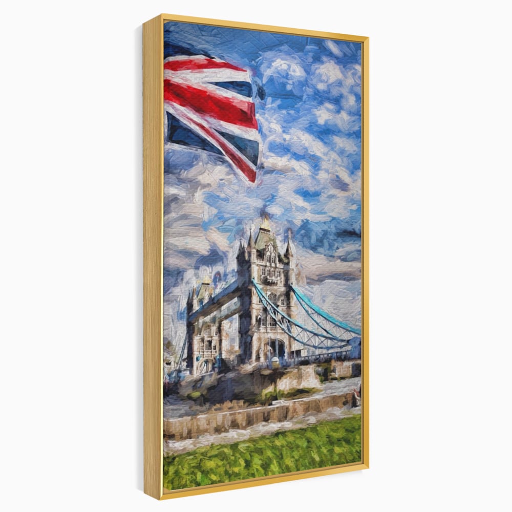 Tablou canvas cu tablou canvas cu tower bridge si steagul marii britanii, in rama de aluminiu auriu