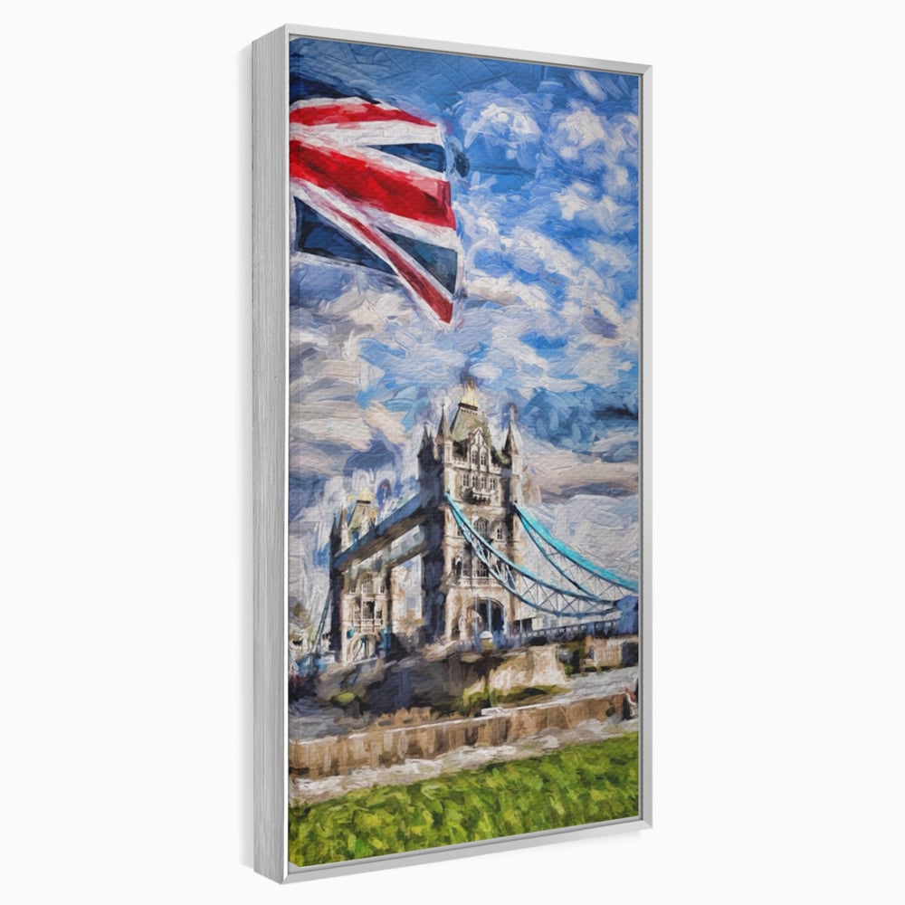 Tablou canvas cu tablou canvas cu tower bridge si steagul marii britanii, in rama de aluminiu argintiu