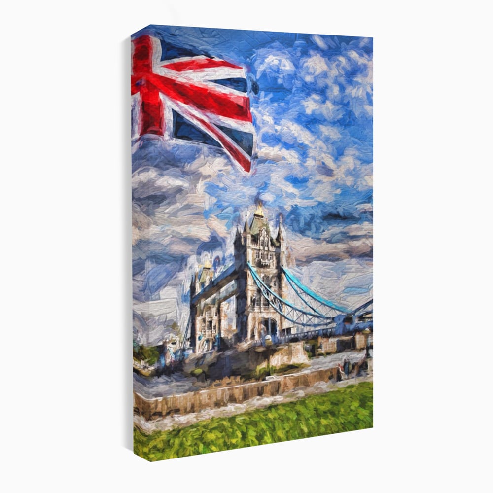 Tablou canvas cu tablou canvas cu tower bridge si steagul marii britanii, fara rama, pe sasiu de lemn