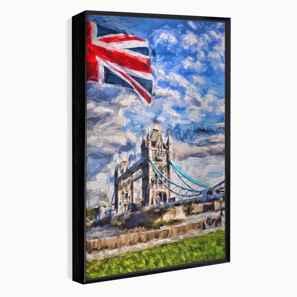 Tablou canvas cu tablou canvas cu tower bridge si steagul marii britanii, in rama de aluminiu negru