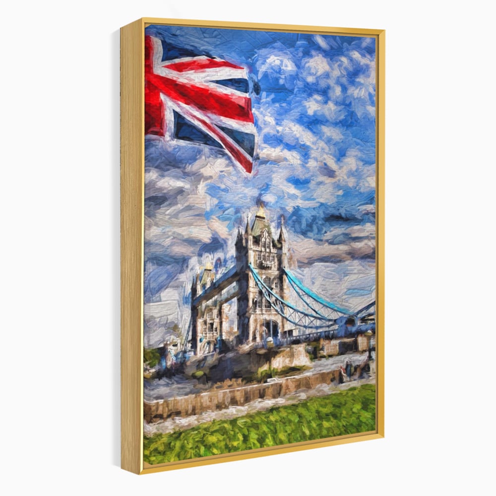 Tablou canvas cu tablou canvas cu tower bridge si steagul marii britanii, in rama de aluminiu auriu