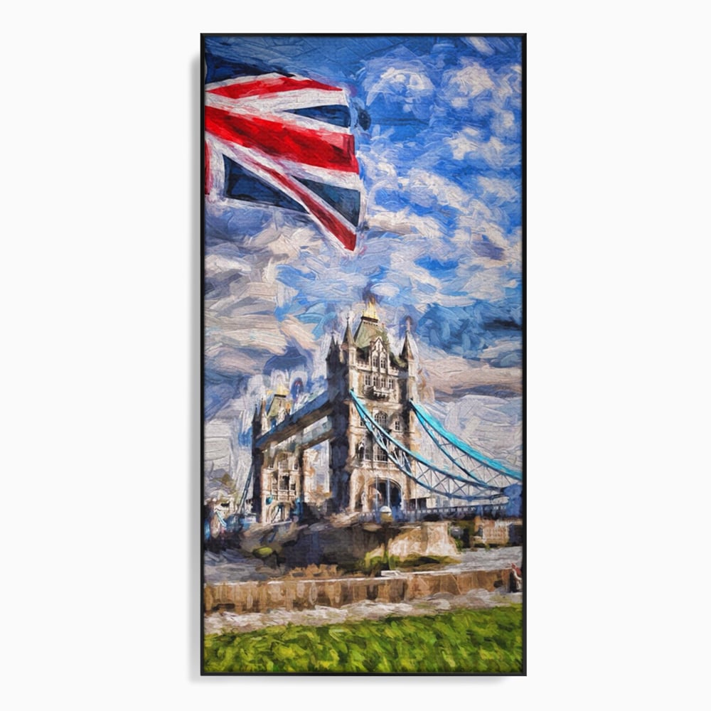Tablou canvas cu tablou canvas cu tower bridge si steagul marii britanii, in rama de aluminiu negru