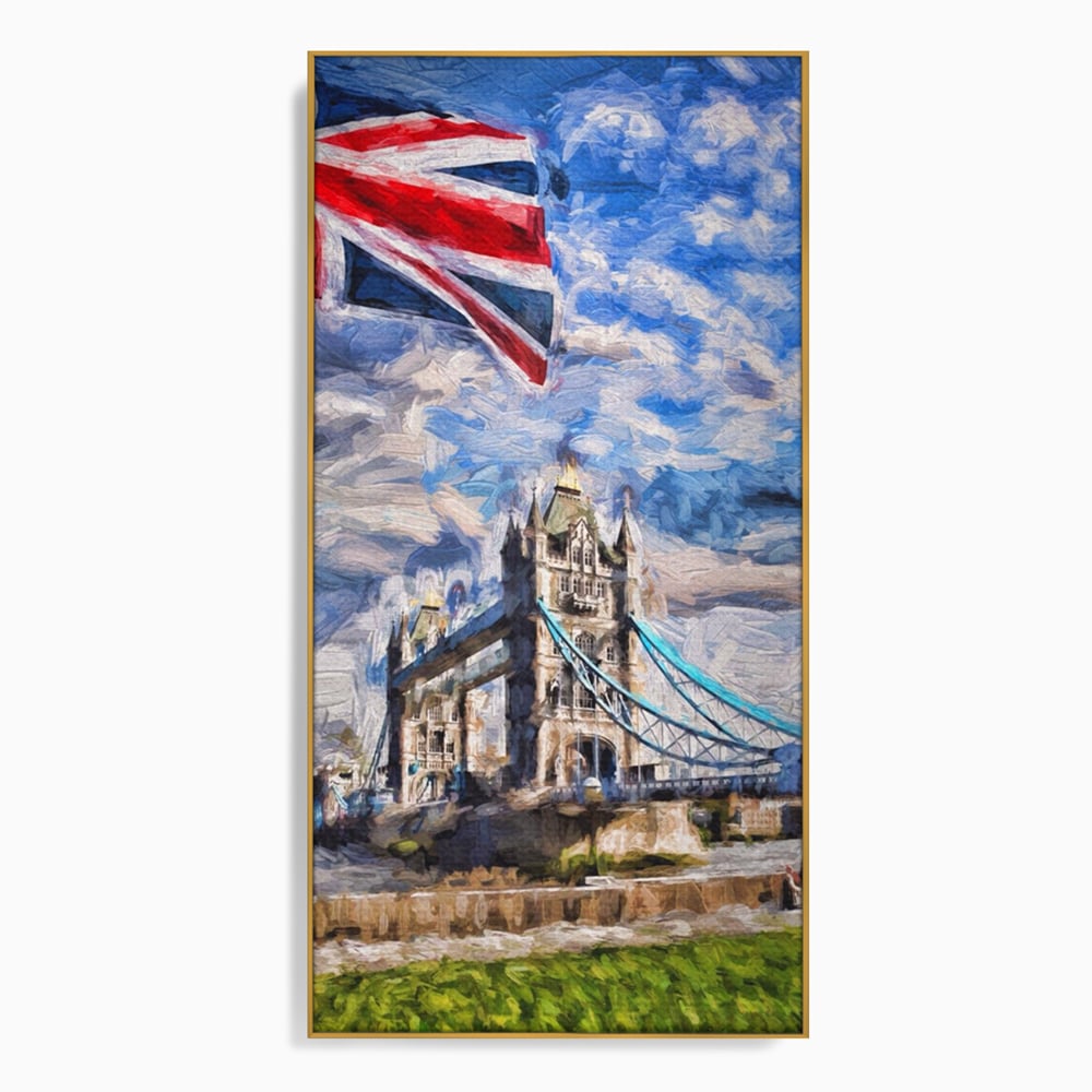 Tablou canvas cu tablou canvas cu tower bridge si steagul marii britanii, in rama de aluminiu auriu