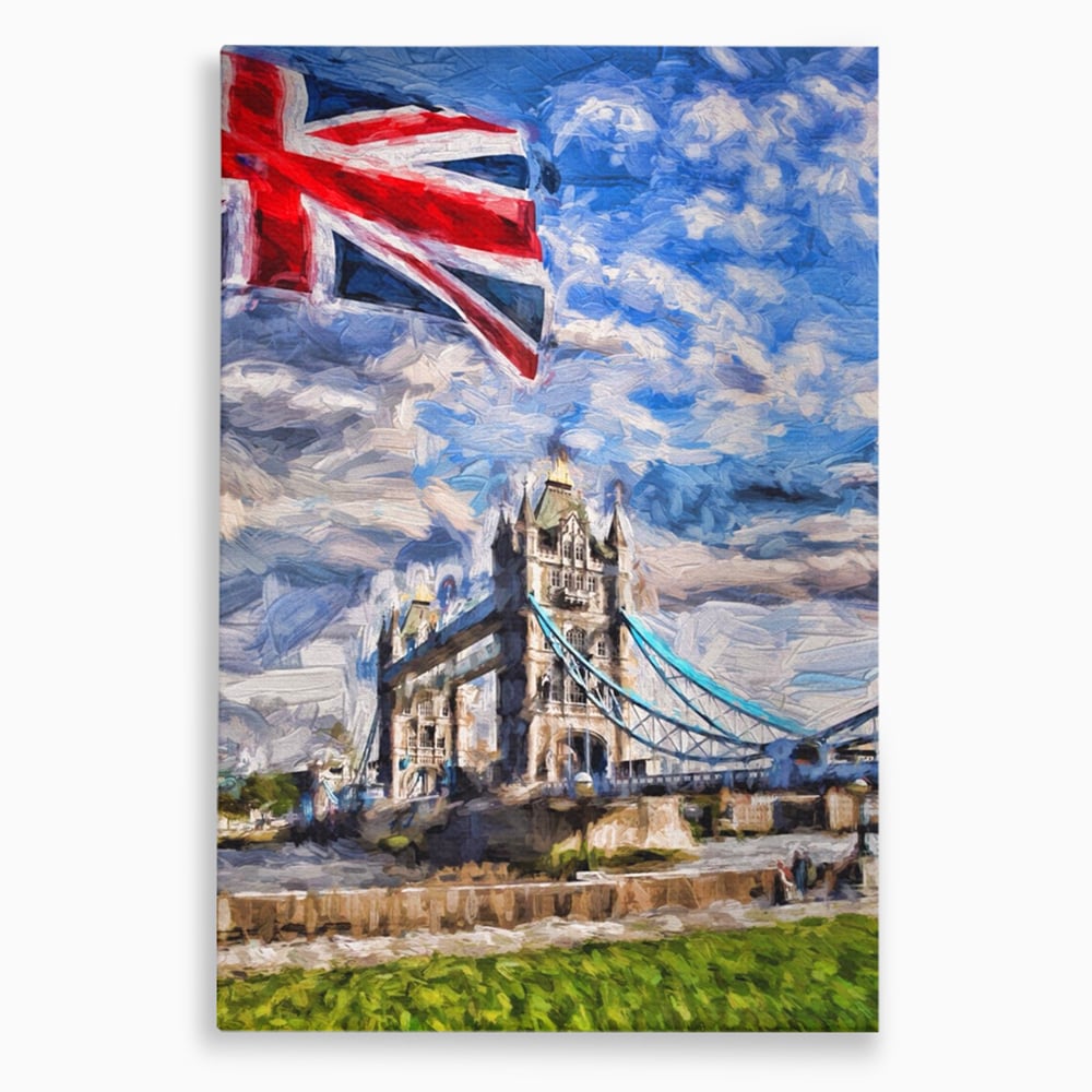 Tablou canvas cu tablou canvas cu tower bridge si steagul marii britanii, fara rama, pe sasiu de lemn