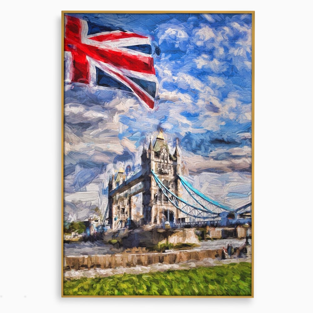 Tablou canvas cu tablou canvas cu tower bridge si steagul marii britanii, in rama de aluminiu auriu