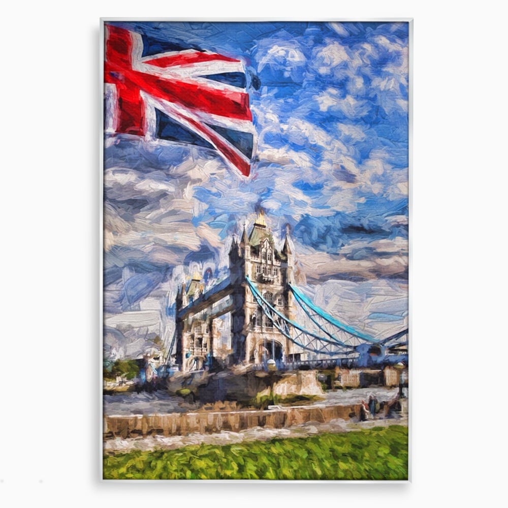 Tablou canvas cu tablou canvas cu tower bridge si steagul marii britanii, in rama de aluminiu argintiu