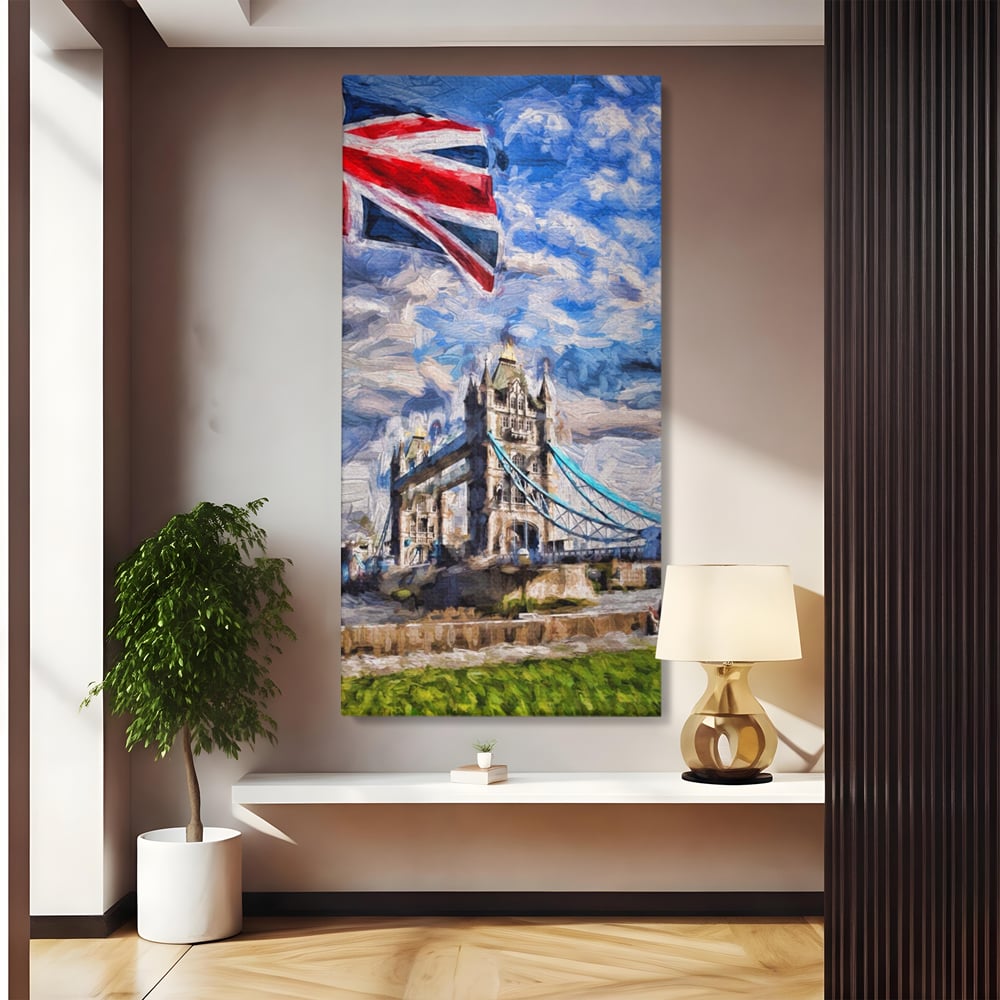 Tablou canvas cu tablou canvas cu tower bridge si steagul marii britanii, fara rama, pe sasiu de lemn