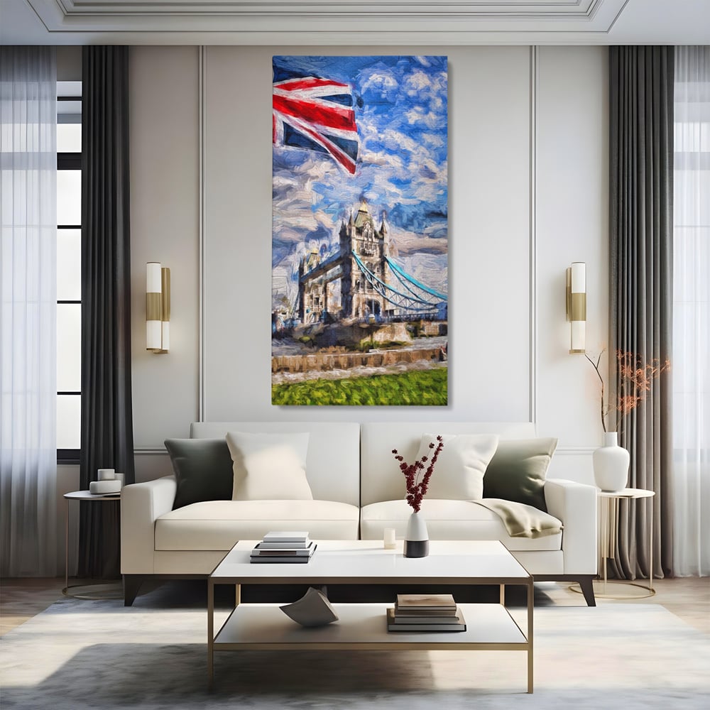 Tablou canvas cu tablou canvas cu tower bridge si steagul marii britanii, fara rama, pe sasiu de lemn, pe perete intr-un living