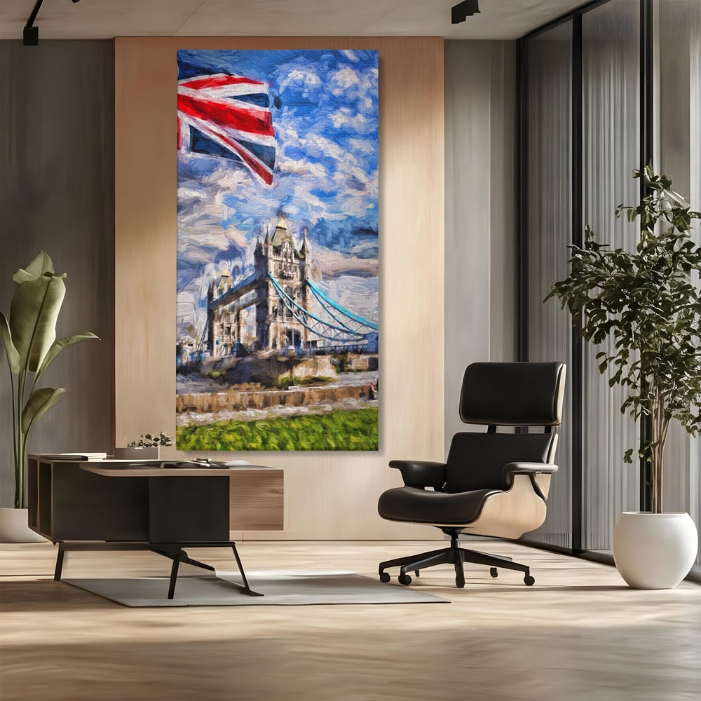 Tablou canvas cu tablou canvas cu tower bridge si steagul marii britanii, fara rama, pe sasiu de lemn, pe perete intr-un birou