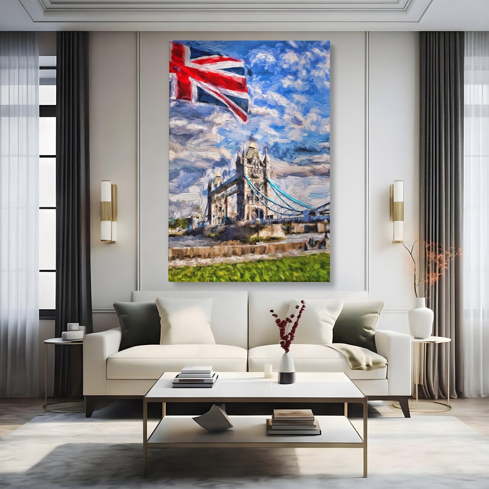 Tablou canvas cu tablou canvas cu tower bridge si steagul marii britanii, fara rama, pe sasiu de lemn, pe perete intr-un living