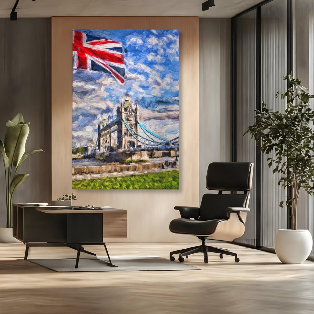 Tablou canvas cu tablou canvas cu tower bridge si steagul marii britanii, fara rama, pe sasiu de lemn, pe perete intr-un birou