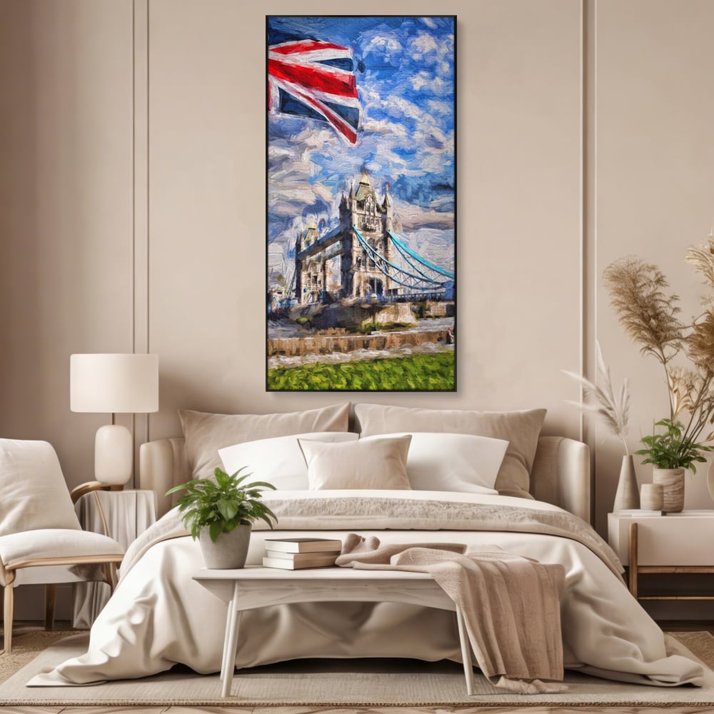 Tablou canvas cu tablou canvas cu tower bridge si steagul marii britanii, in rama de aluminiu negru, pe perete intr-un dormitor