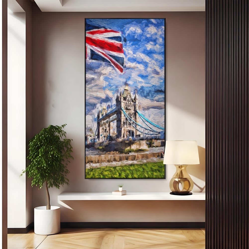 Tablou canvas cu tablou canvas cu tower bridge si steagul marii britanii, in rama de aluminiu negru