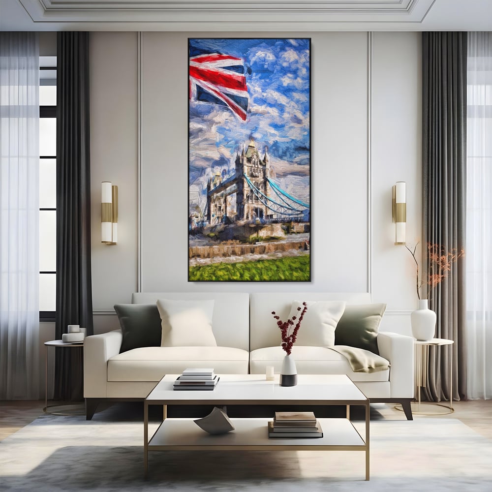Tablou canvas cu tablou canvas cu tower bridge si steagul marii britanii, in rama de aluminiu negru, pe perete intr-un living