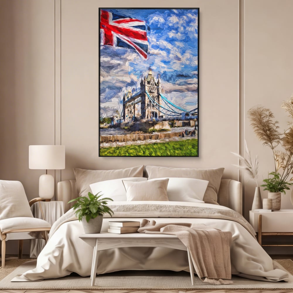 Tablou canvas cu tablou canvas cu tower bridge si steagul marii britanii, in rama de aluminiu negru, pe perete intr-un dormitor