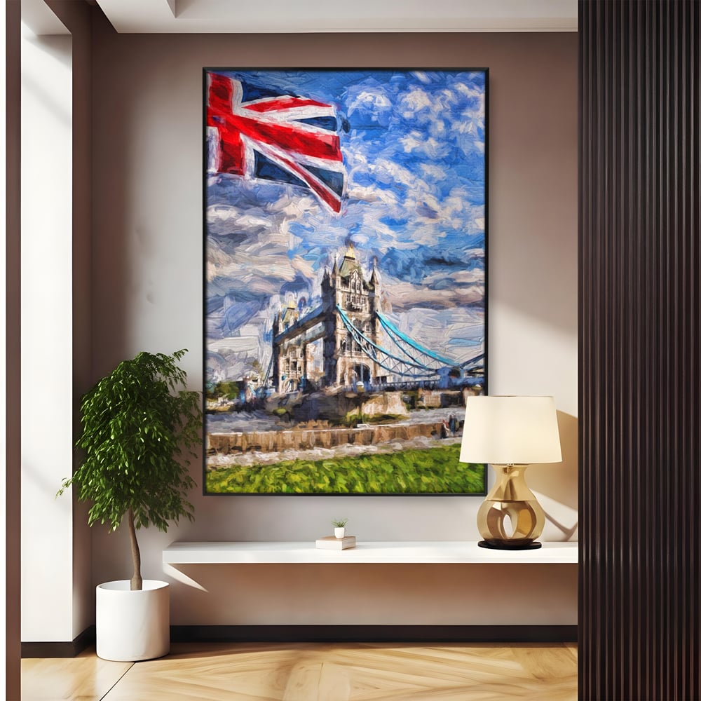 Tablou canvas cu tablou canvas cu tower bridge si steagul marii britanii, in rama de aluminiu negru
