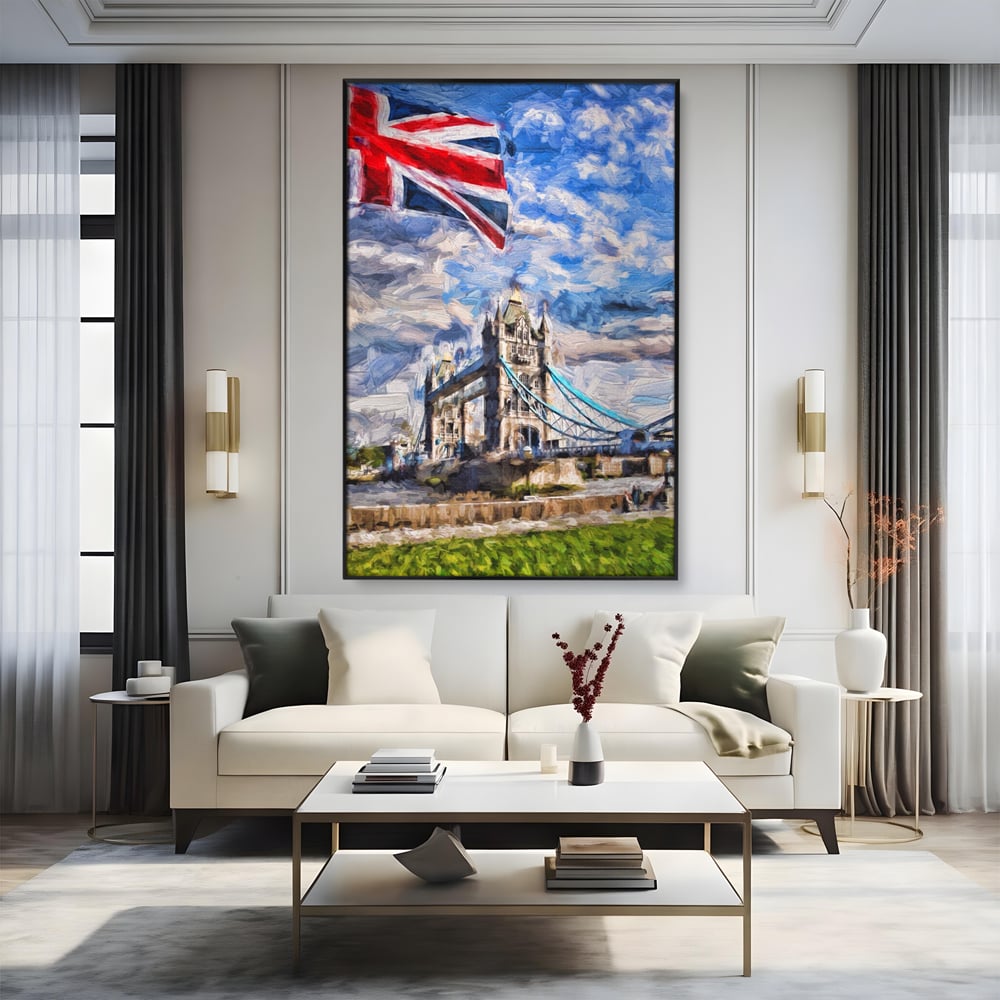 Tablou canvas cu tablou canvas cu tower bridge si steagul marii britanii, in rama de aluminiu negru, pe perete intr-un living