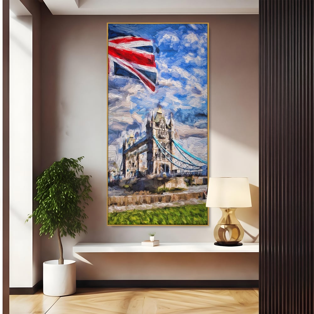 Tablou canvas cu tablou canvas cu tower bridge si steagul marii britanii, in rama de aluminiu auriu