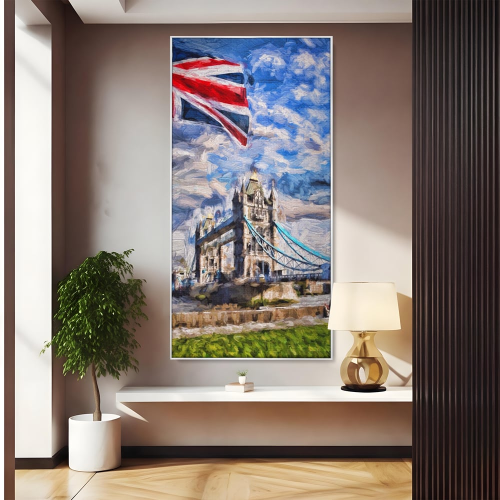 Tablou canvas cu tablou canvas cu tower bridge si steagul marii britanii, in rama de aluminiu argintiu