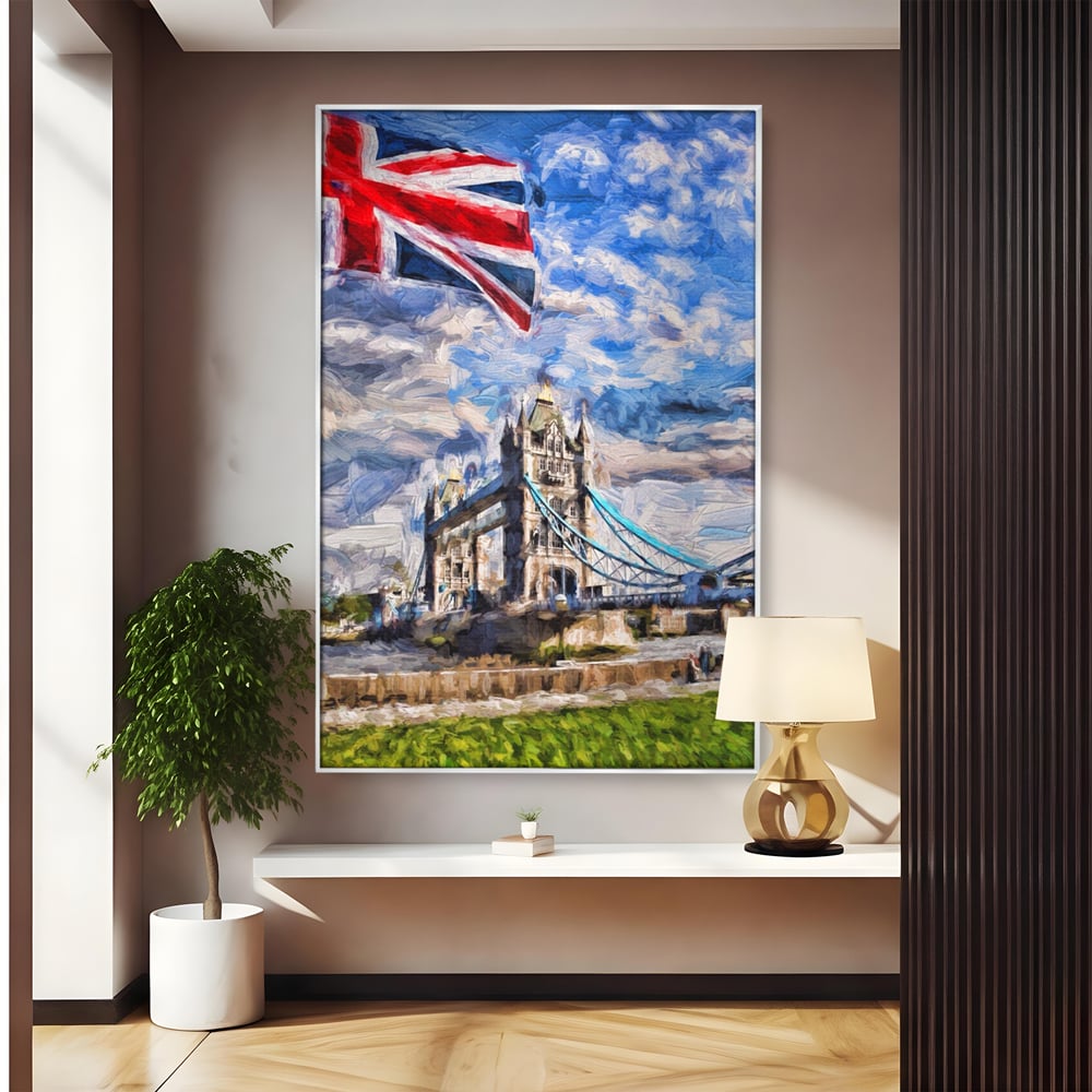 Tablou canvas cu tablou canvas cu tower bridge si steagul marii britanii, in rama de aluminiu argintiu