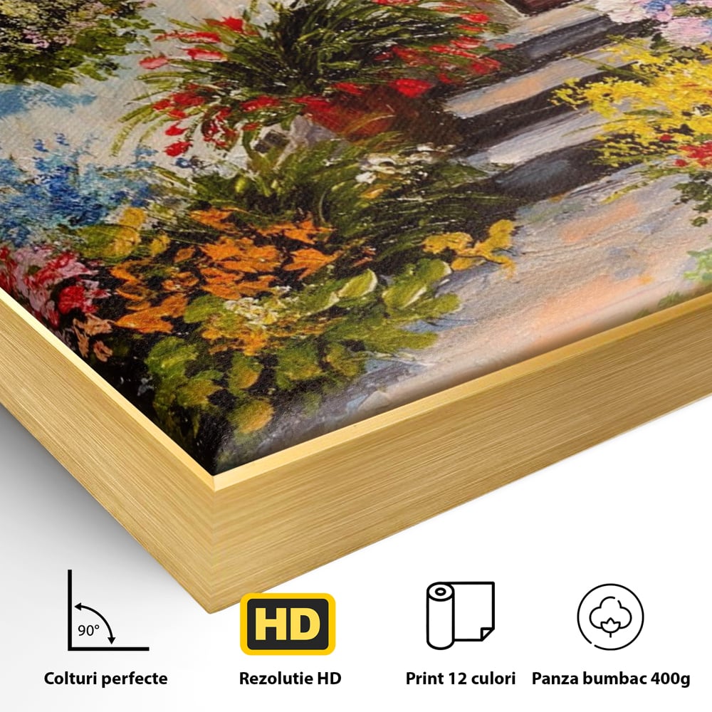 Detaliu al suprafetei: tablou canvas cu alee florala si casa, in rama de aluminiu auriu