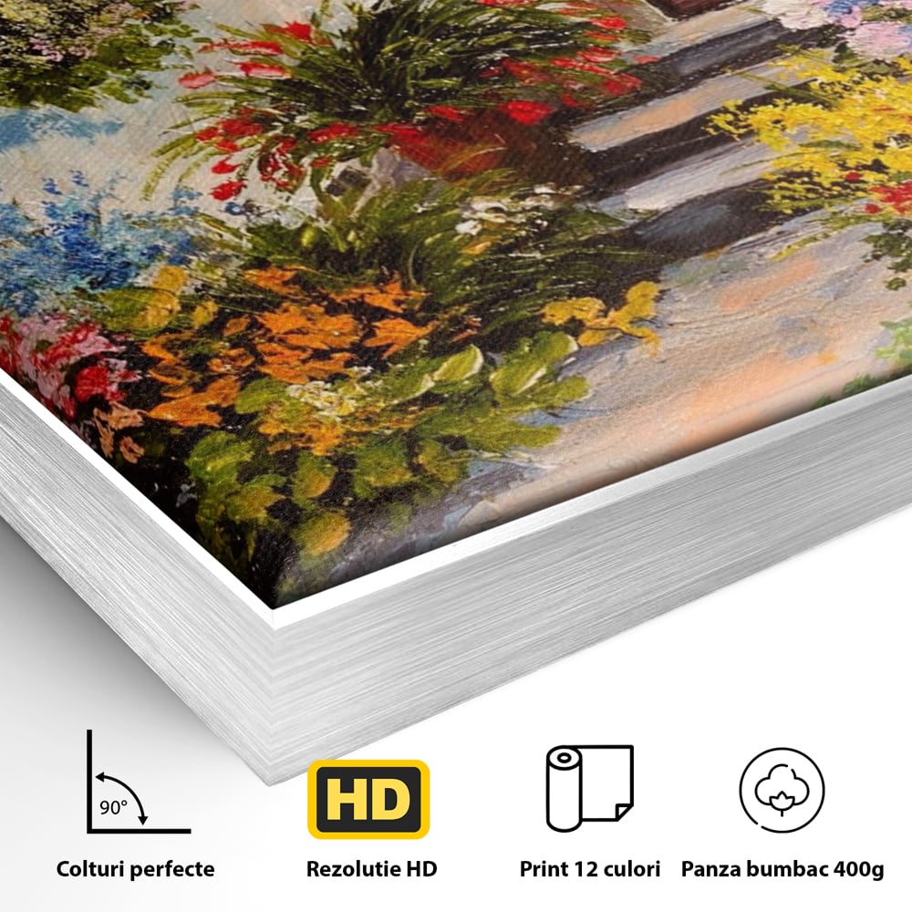 Detaliu al suprafetei: tablou canvas cu alee florala si casa, in rama de aluminiu argintiu