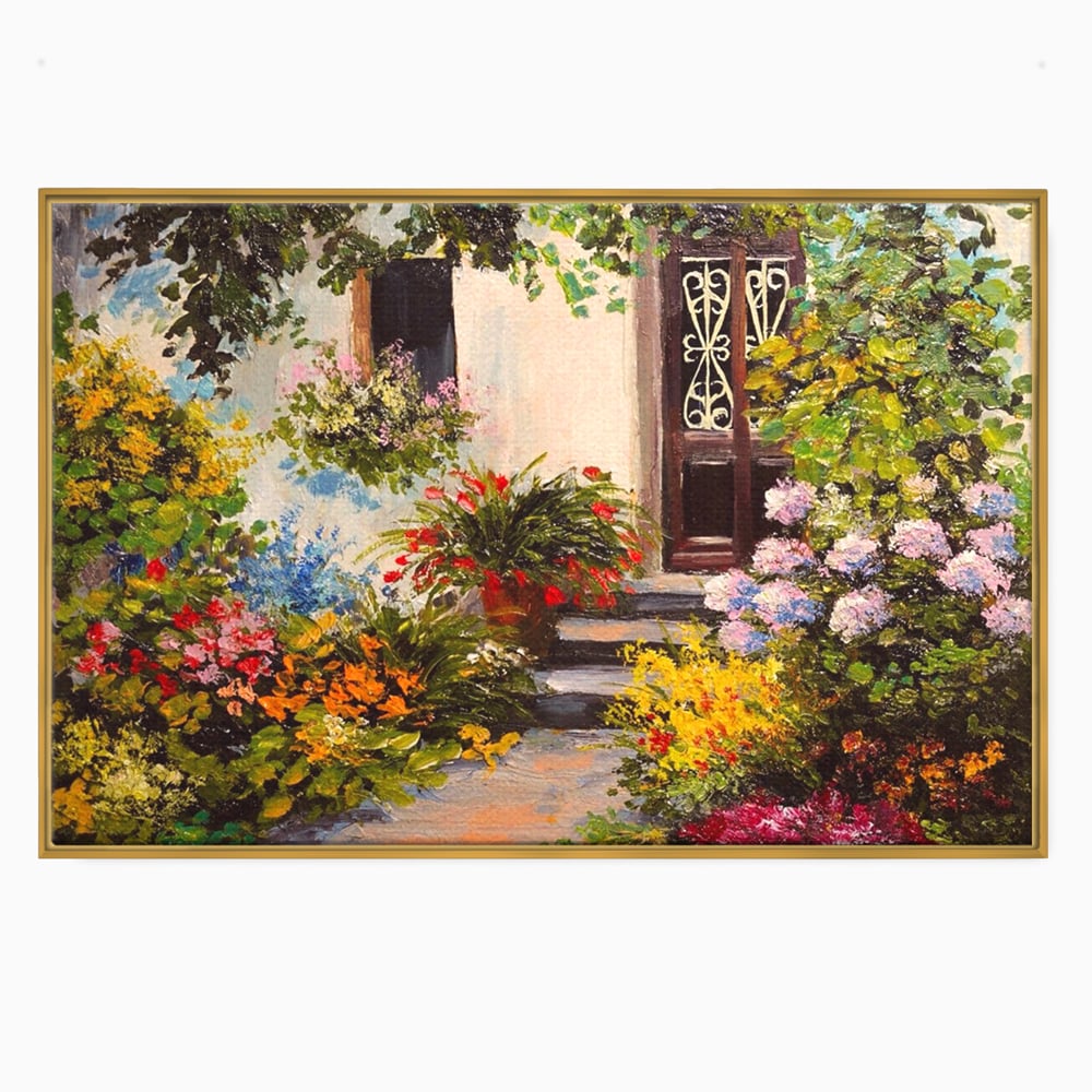 Tablou canvas cu tablou canvas cu alee florala si casa, in rama de aluminiu auriu