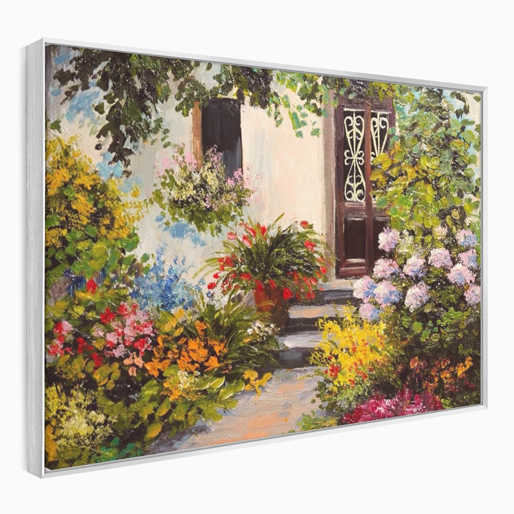 Tablou canvas cu tablou canvas cu alee florala si casa, in rama de aluminiu argintiu