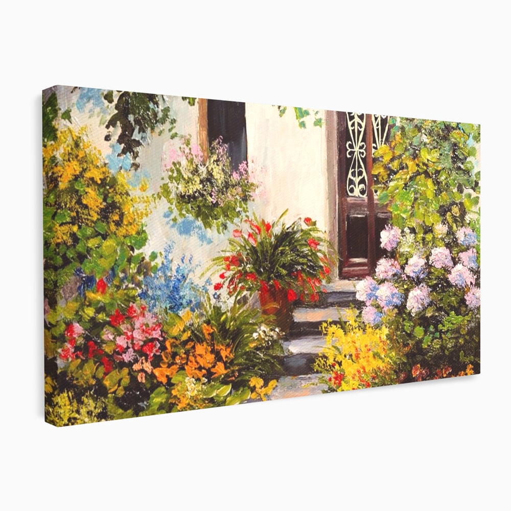 Tablou canvas cu tablou canvas cu alee florala si casa, fara rama, pe sasiu de lemn