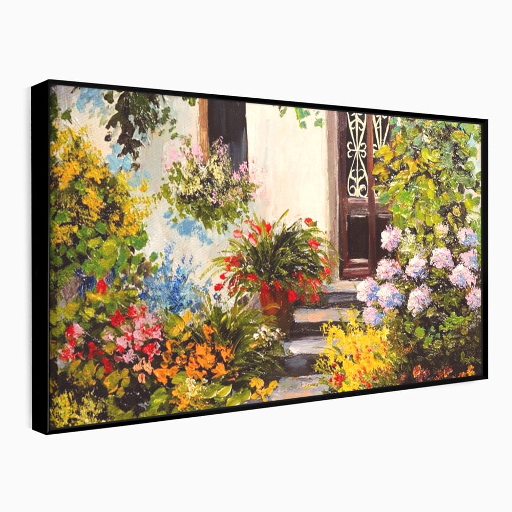 Tablou canvas cu tablou canvas cu alee florala si casa, in rama de aluminiu negru