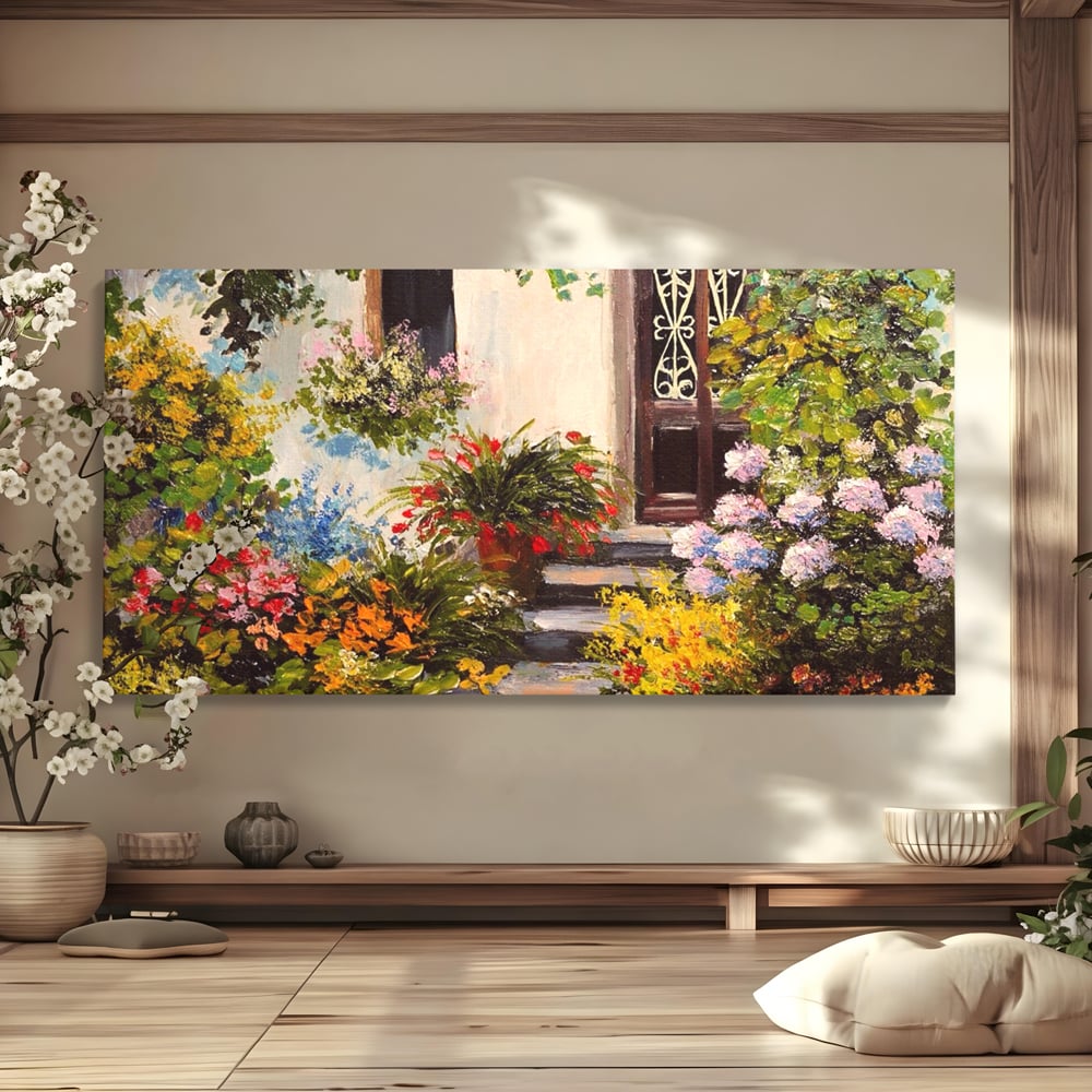 Tablou canvas cu tablou canvas cu alee florala si casa, fara rama, pe sasiu de lemn