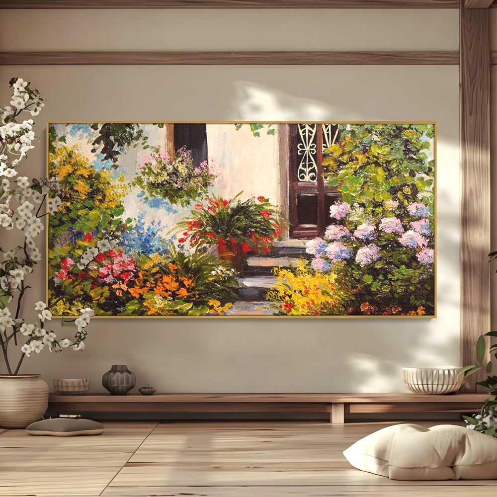 Tablou canvas cu tablou canvas cu alee florala si casa, in rama de aluminiu auriu