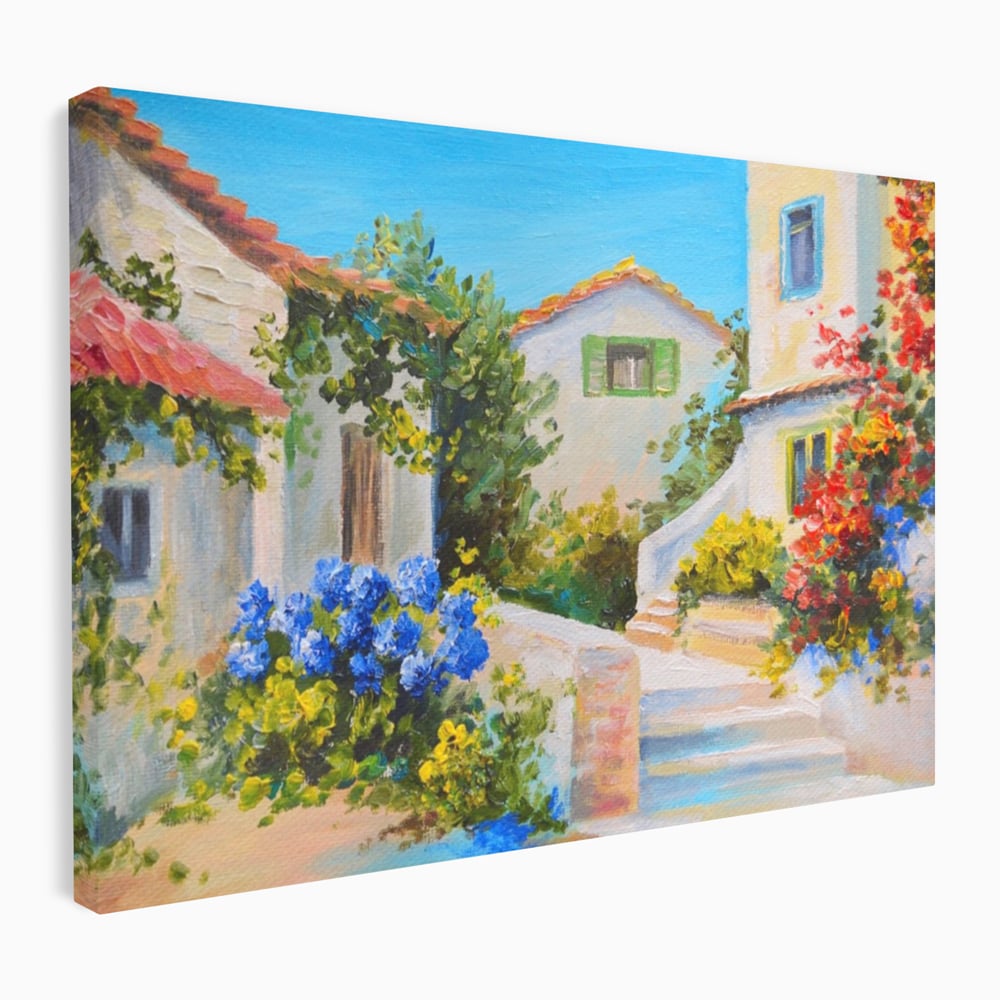 Tablou canvas cu pictura peisaj mediteranean cu case, fara rama, pe sasiu de lemn