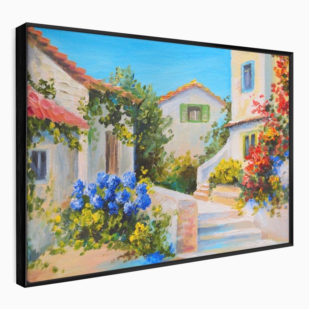 Tablou canvas cu pictura peisaj mediteranean cu case, in rama de aluminiu negru