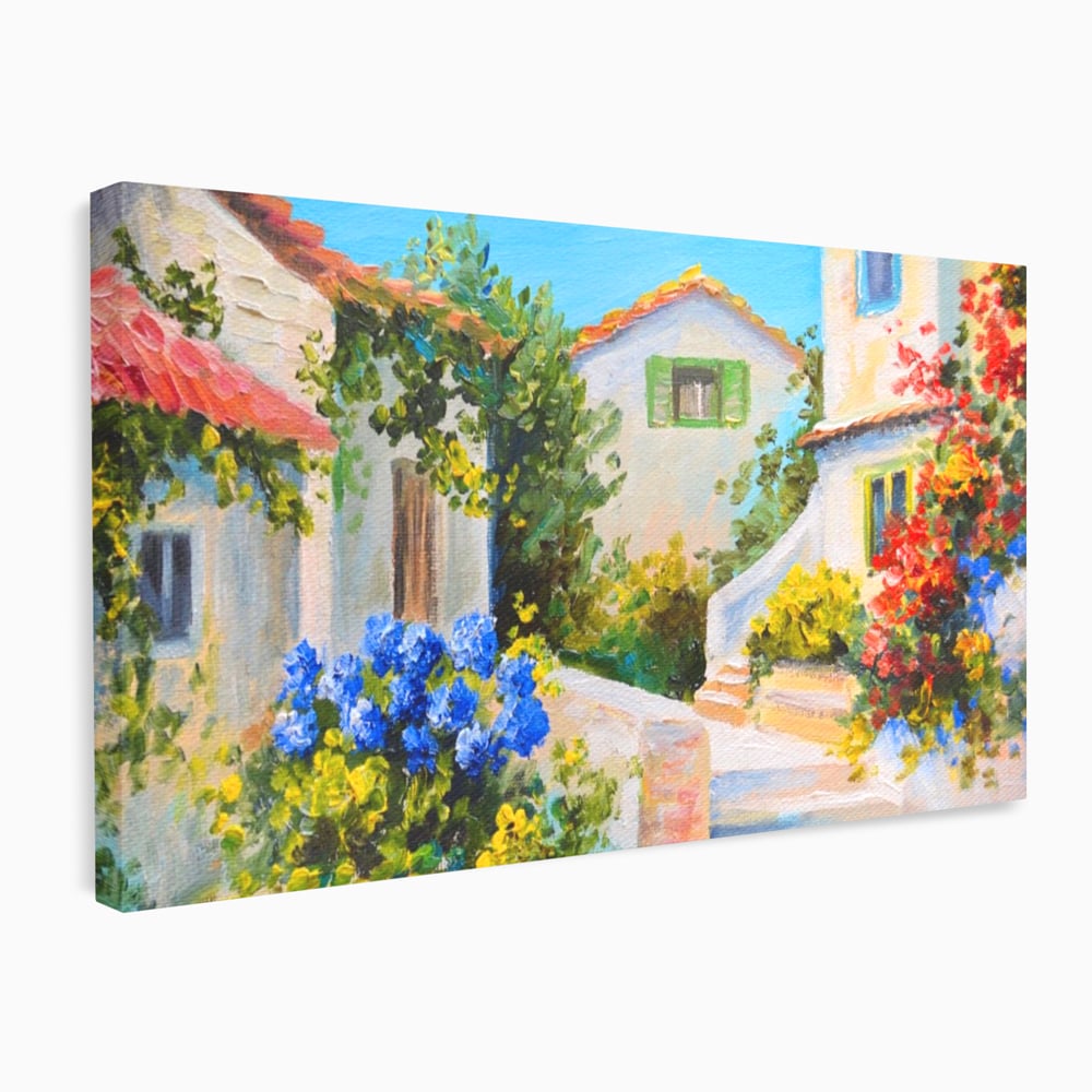 Tablou canvas cu pictura peisaj mediteranean cu case, fara rama, pe sasiu de lemn