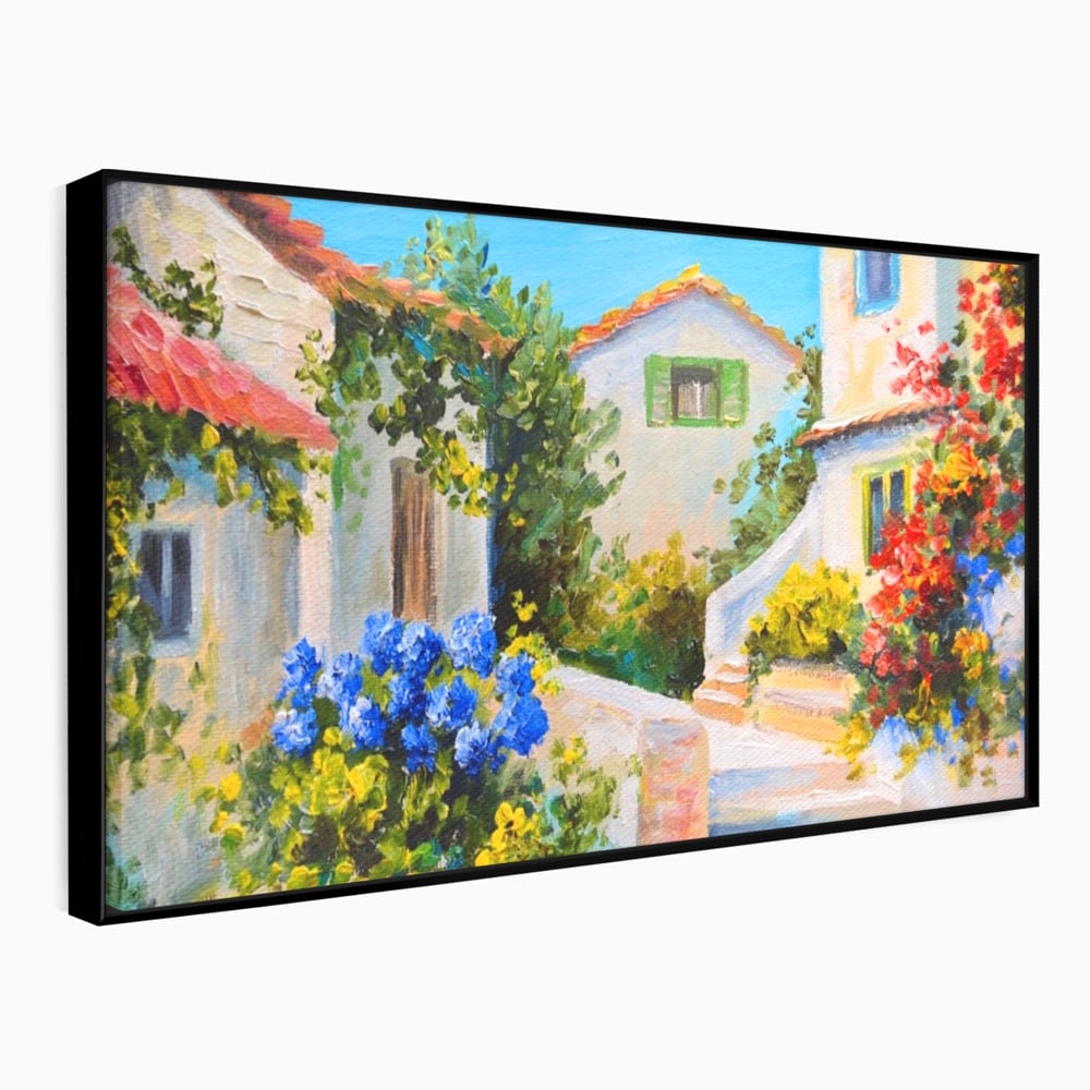 Tablou canvas cu pictura peisaj mediteranean cu case, in rama de aluminiu negru