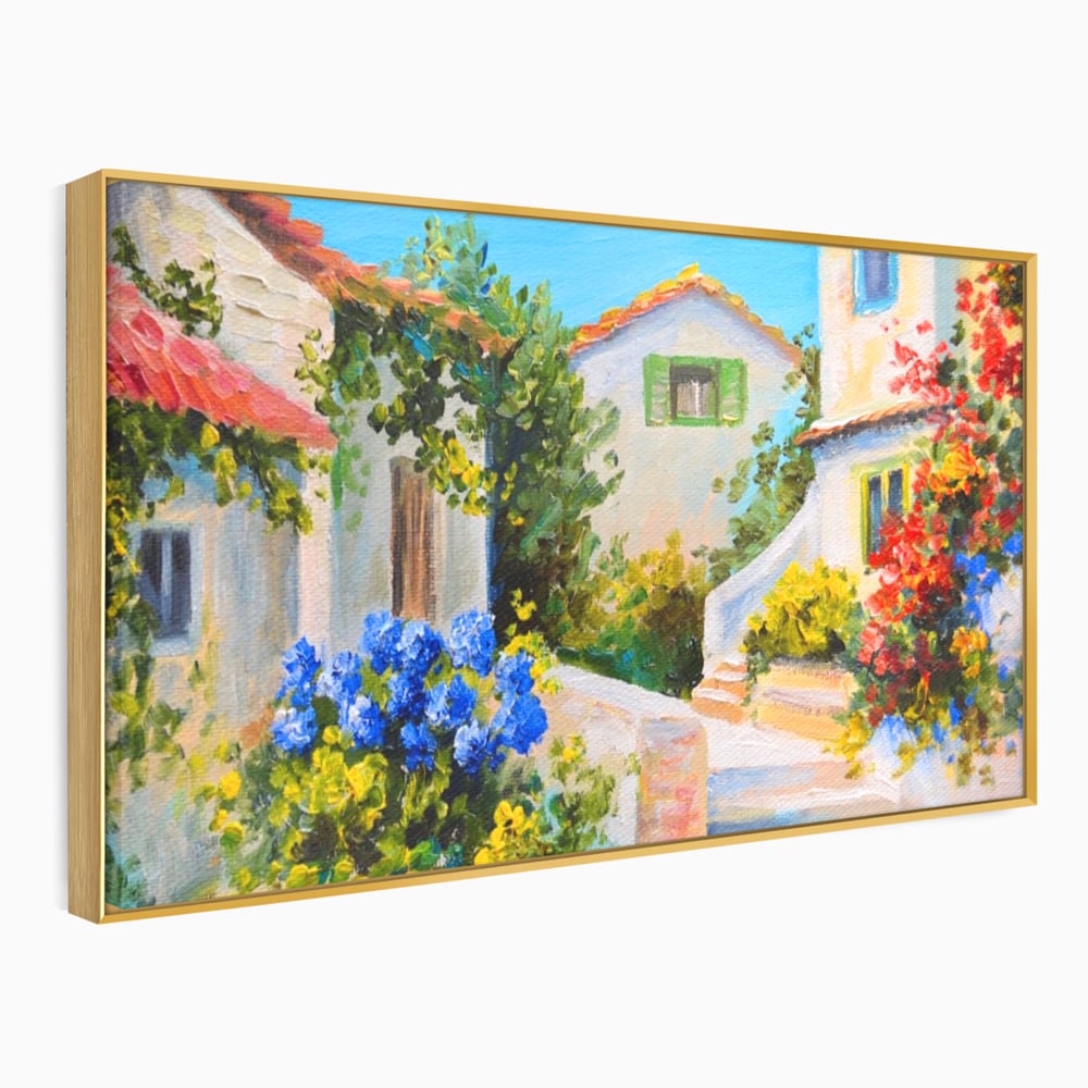 Tablou canvas cu pictura peisaj mediteranean cu case, in rama de aluminiu auriu