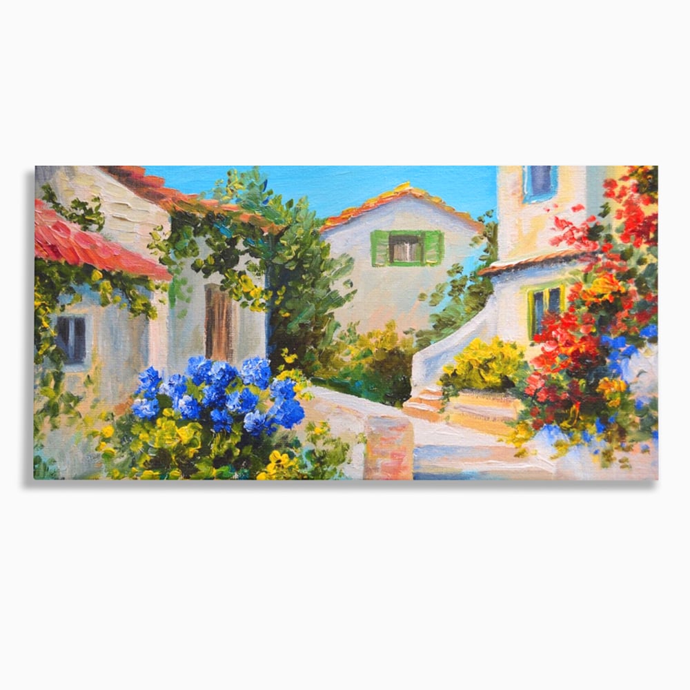 Tablou canvas cu pictura peisaj mediteranean cu case, fara rama, pe sasiu de lemn