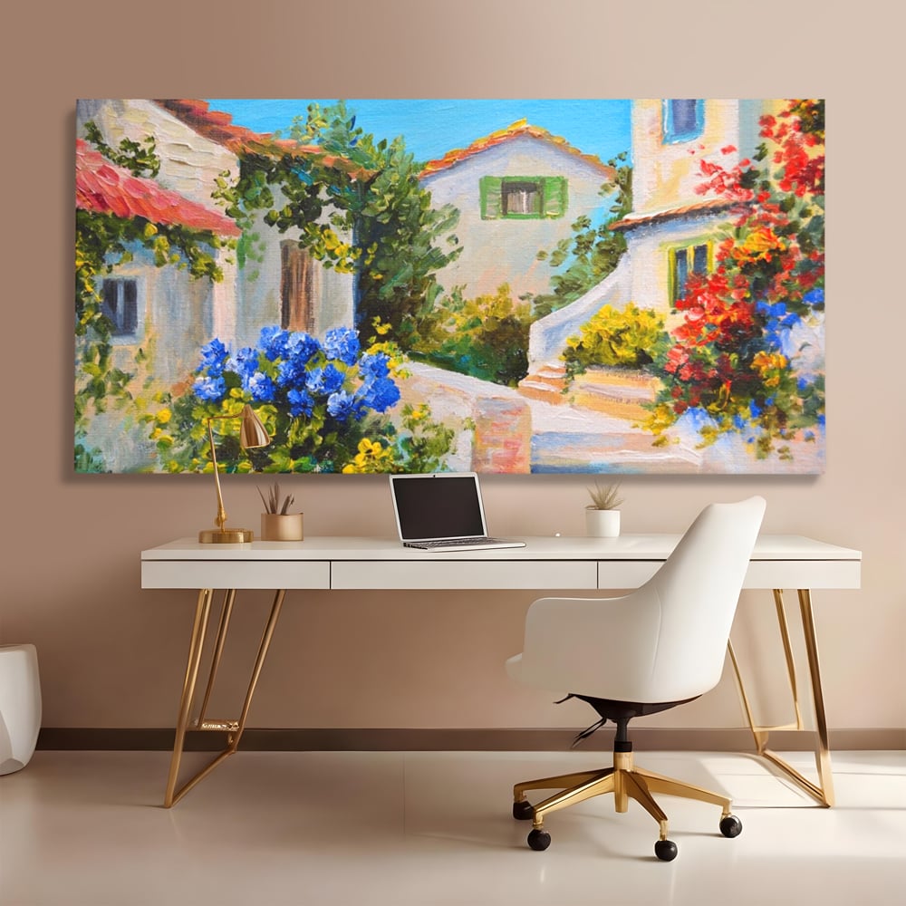 Tablou canvas cu pictura peisaj mediteranean cu case, fara rama, pe sasiu de lemn, pe perete intr-un birou