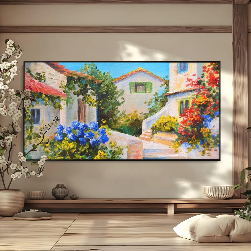 Tablou canvas cu pictura peisaj mediteranean cu case, in rama de aluminiu negru