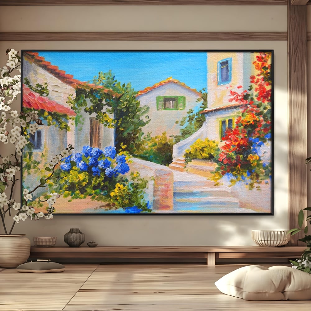 Tablou canvas cu pictura peisaj mediteranean cu case, in rama de aluminiu negru