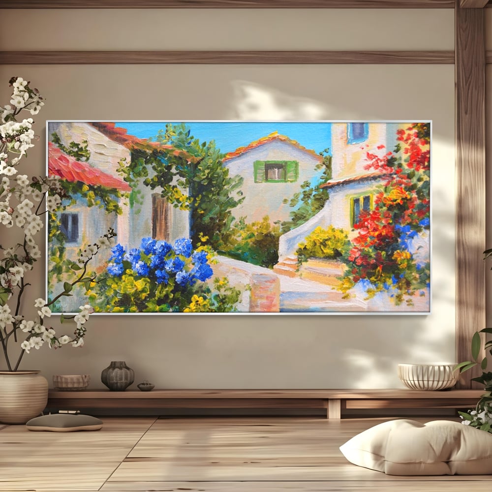 Tablou canvas cu pictura peisaj mediteranean cu case, in rama de aluminiu argintiu