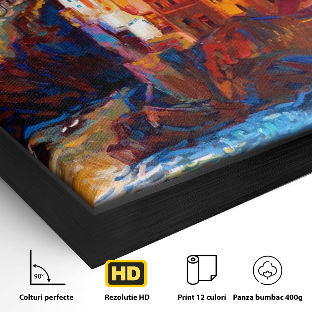 Detaliu al suprafetei: tablou canvas cu oras pe stanci, in rama de aluminiu negru